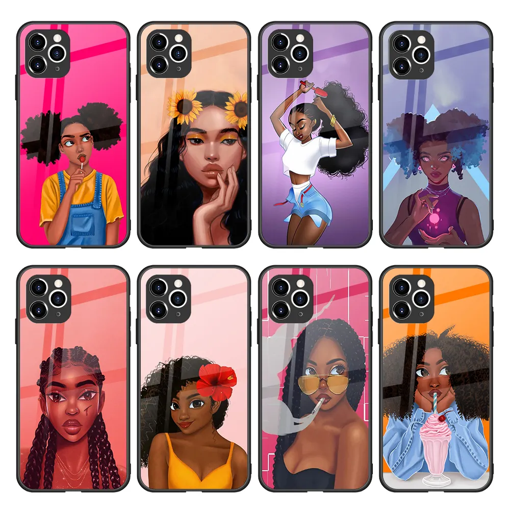 Most Inquiries Product Art Queen Afro Melanin Poppin Black Girl Designer Glass Phone Case For Iphone Case Se2020 14pro Max
