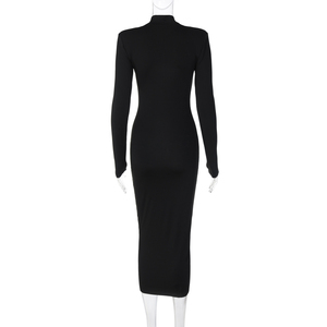 Vestidos de Mujer, Nuevas Llegadas, <span class=keywords><strong>Vestido</strong></span> Ajustado Negro de Manga Larga con Cuello Alto y Hombros Acolchados, Estilo Casual - Product Image 5