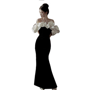 Evening Gown French Style Black Off The Shoulder Contrast Color Natural Waistline Slim Fit For Coming Of Age Ceremony - Product Image 5