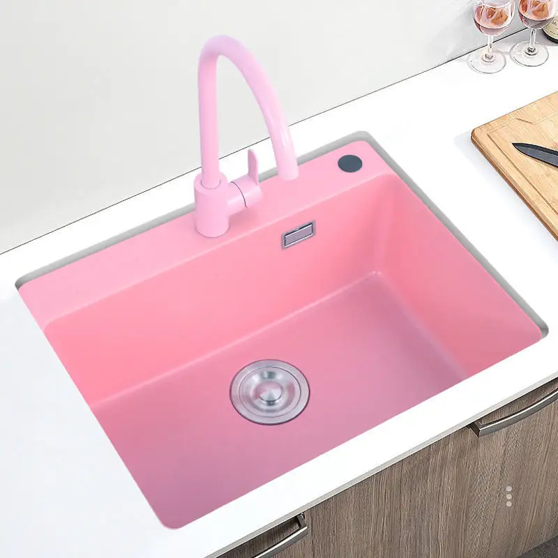 Customized Household Thicken Large Single Bowl Pink Man-made Granite Sink Kitchen Sink Quartz