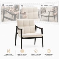 Sillón Acogedor de Madera y Tela con Diseño a Cuadros Crema, Sillón de Madera Maciza con Funda Resistente a la Humedad para Rincón de Lectura