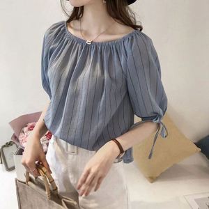 NY 2026 Blusa de Chifón a Rayas con Hombros Descubiertos y Manga Linterna, Estilo Novedoso y Elegante para Mujer - Product Image 1