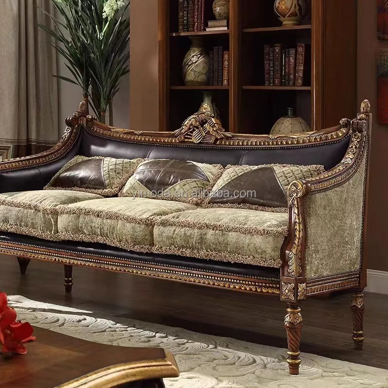 Klassische geschnitzte amerikanische Luxus-Stil braun Leder Schnitts ofa Kontrast farbe Design antike Sofa garnitur