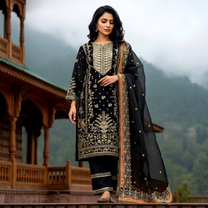 Black Cotton Embroidered Salwar Kameez Set <b>Women</b> <b>Kurti</b> Palazzo Dupatta Traditional Wedding Party Outfit Quick Dry India Pakistan - Product Image 1