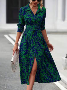 Robe chemise longue éco-responsable pour femme, imprimé intégral, boutonnée sur le devant, fente sur la cuisse, style bohème, à nouer devant, manches longues, coupe trapèze - Product Image 3
