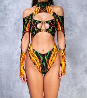 Combinaison de cosplay sexy pour femme King Mcgreen Star, col halter, multicolores, effet magma, découpes artistiques, maillot de bain à fente haute