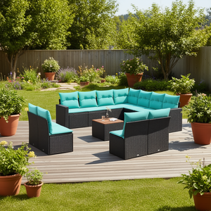 Ensemble de canapés de patio en polyrotin noir avec coussins, 10 places, mobilier d'extérieur, design contemporain, style moderne - Product Image 2