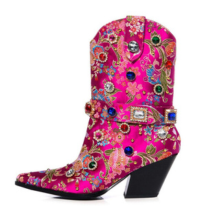 Women Colorful Diamonds Mid Calf Booties Pointy Toe High Wedge Heels Short <b>Boots</b> Slip-On Autumn Shoes - Product Image 4