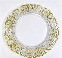Assiette de présentation en plastique transparente de 13 pouces avec bordure dorée en relief pour la décoration de table de mariage ou de fête