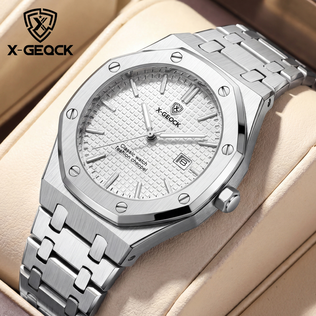 X-GEQCK Octagonal Shell Men Sport Watch Stainless Steel  Fashion Sporty Luxurious Design Waterproof Luminous Quartz Watch