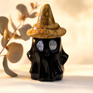 Obsidian Ghost Crystal Carving with Blue Aventurine <b>Witch</b> Hat, Hand‑Carved Natural Stone Spooky Ghost Figurine, Halloween Crysta - Product Image 1