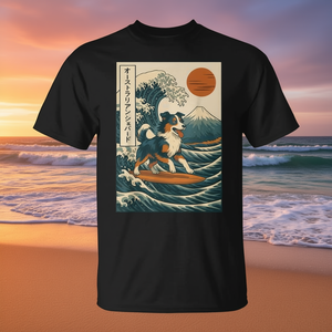 เสื้อยืดลายพิมพ์ดิจิทัลออสเตรเลียนเชพเพิร์ดโต้คลื่นญี่ปุ่น คอกลม แขนสั้น สำหรับผู้ใหญ่ ใส่ได้ทั้งชายและหญิง เสื้อผ้าส่งเสริมการขาย - Product Image 2