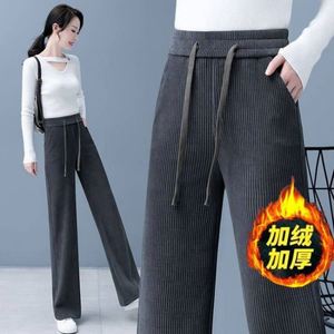 Pantalon long large en velours côtelé pour femme, doublure polaire épaisse, chaud, taille haute avec cordon de serrage, pantalon droit décontracté et tendance pour femme - Product Image 4