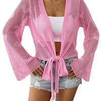 Einheitsgröße Damen Strick-Cardigan mit Schleifenärmeln und Trompetenärmeln, gewebter Pullover als Bikini-Überwurf