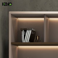 Étagère bibliothèque en bois avec porte sans cadre et base de meuble, bibliothèque de rangement pour dossiers en PVC stratifié haute densité avec LED
