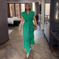 Nouvelle Robe Formelle d'Été Unie en Polyester Coupe Trapèze Grande Taille pour Femme Col V Ceinturée Irrégulière