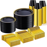 Ensemble de vaisselle jetable en plastique noir et or de 600 pièces pour 100 invités, assiettes à dîner et à dessert, gobelets, couverts pour fête de mariage