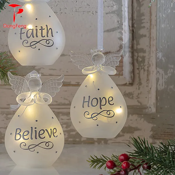 Vidro de anjo cristal de vidro branco, decoração de natal, enfeite de anjo com luz led