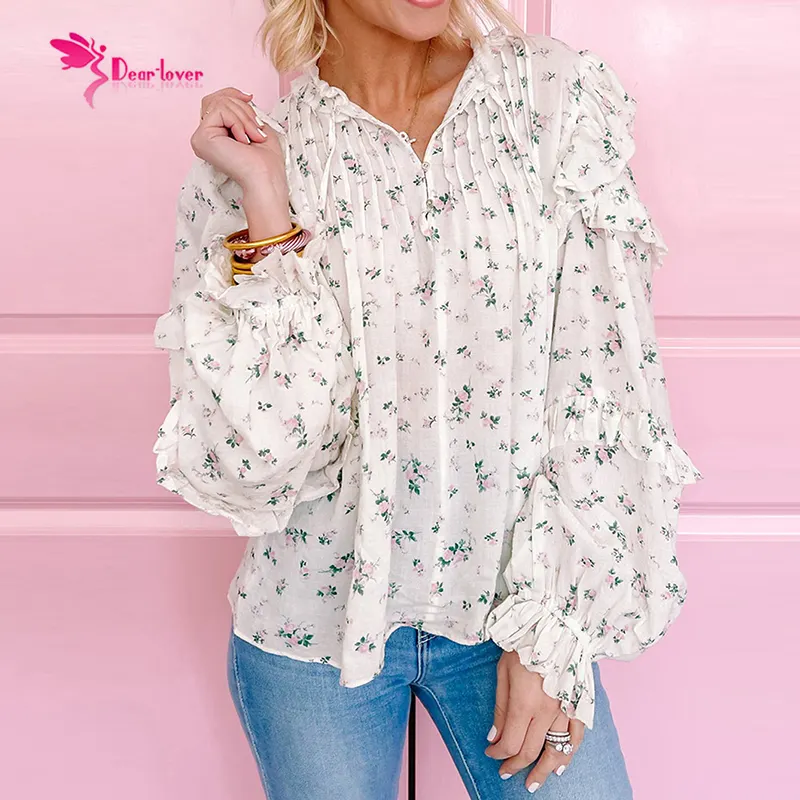 Country Western Style Outdoor White Tiered Ruffled Bishop Sleeve Floral White Modest Women Elegant Collar Blouse