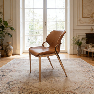 Silla de Comedor Moderna de Lujo en Cuero Marrón con Estructura Metálica Dorada, Silla de Comedor Ergonómica Tapizada para Cocina, Sala de Estar, Hotel - Product Image 1