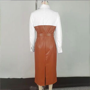 Nuovo Abito Midi Autunnale con Bottoni, Maniche Lunghe, Inserti in <span class=keywords><strong>Pelle</strong></span> PU, Tasche, Aderente, con Cintura e Colletto a <span class=keywords><strong>Camicia</strong></span> per Donna - Product Image 4