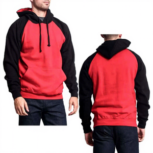 Men's Red <b>Black</b> Raglan Sleeve <b>Fleece</b> Hooded Sweatshirt Casual Solid Color Pullover With Kangaroo Pocket Regular Fit Autumn Wear - Product Image 1