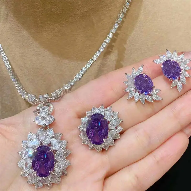 Advanced Colorful Treasure Purple Earrings Necklace Adjustable Rings Female INS Luxury Versatile Three Piece Set Jewelry