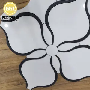 Em todo o mundo Thassos Popular Branco Mix Nero Marquina Mármore Flower Pattern Telhas Mosaico Waterjet