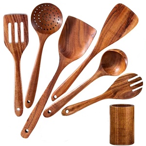 7 pezzi eco-friendly Teak in legno piccoli utensili da cucina Set a mano lungo a pala mestolo frusta scolapasta <span class=keywords><strong>porta</strong></span> forchette per insalata - Product Image 1