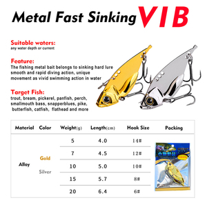เหยื่อตกปลาโลหะแบบจมน้ำเร็ว VIB Blade Baits 5-20 กรัม - เหยื่อปลอมแบบ Sling Blade สีทองและสีเงิน สำหรับตกปลา Walleye - Product Image 5