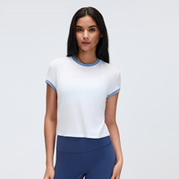 Top Deportivo Corto Transpirable con Ribete en Contraste, Cuello Redondo, Manga Corta, para Correr, Gimnasio, Entrenamiento, Ropa Deportiva al por Mayor, Top de Yoga para Mujer