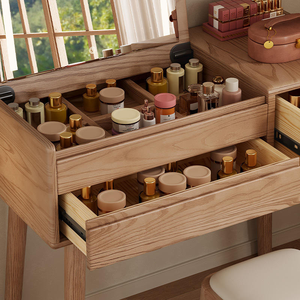 <b>Solid</b> Oak <b>Wood</b> Convertible <b>Dressing</b> <b>Table</b> Lighted LED USB Charging Port Flip Cover Makeup Cabinet Silent Wind Design Bedroom - Product Image 5