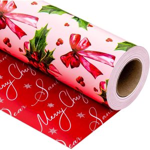 Reversible Christmas <b>Wrapping</b> <b>Paper</b> Roll Pink Holly Berry Bow 46.8 Square Feet Gift Craft Use Recyclable - Product Image 1