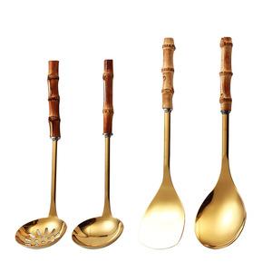 Cuchara de acero inoxidable con mango de bambú, tamaño extra grande, para uso en hoteles y en el hogar, para cocinar, sopas y arroz. - Product Image 2