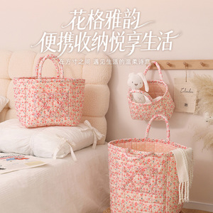 Printed <b>Storage</b> <b>Basket</b> <b>Large</b> Pink Floral Print Handle Multifunctional Clothes Organizer Portable <b>Storage</b> Bag Rectangle Shape - Product Image 1