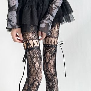 Retro Style Drawstring Thigh High <b>Fishnet</b> Stockings Women's Tie Up Bow Pantyhose Black Transparent Slimming - Product Image 1