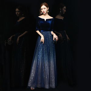 Women's Evening Dress Long Gradient A-Line O-Neck <b>Sequined</b> Formal Party Gown Dark Blue - Product Image 2