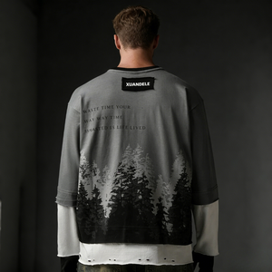 T-shirt Homme Oversize Déchiré à Manches Longues Style Urbain avec Imprimé Forêt au Dos – Tendance Décontractée Streetwear - Product Image 2