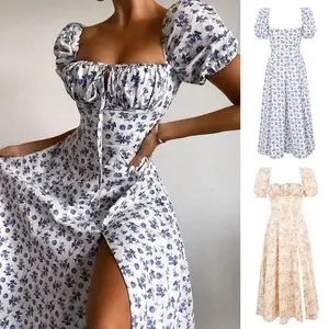 Yt Katoen Lange Poff Mouw A-Lijn Bloemen Maxi Casual Jurk Zomer Vrouw Kleding Vestidos Dames Jurk