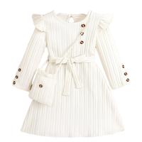 Nouvelles robes d'automne pour enfants, manches longues, nœud, princesse, vêtements décontractés pour filles, col rond, motif uni, style doux, longueur genou droite