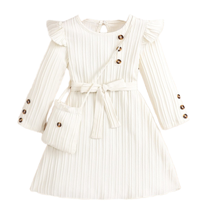 Nouvelles robes d'automne pour enfants, manches longues, nœud, <span class=keywords><strong>princesse</strong></span>, vêtements décontractés pour filles, col rond, motif uni, style doux, longueur genou droite - Product Image 4