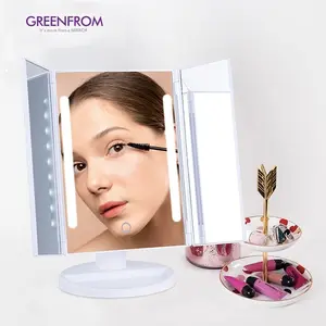 Portable Compact Table Standing Tri-Fold Led Makeup Mirror Fold Cosmetic Mirror With Led Light