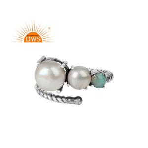 Popular Dainty Oxidized Solid Silver <b>Ring</b> <b>Pearl</b> and Ethiopian Opal <b>Ring</b> Gemstone <b>Rings</b> Jewelry Wholesale Vintage Collection - Product Image 6