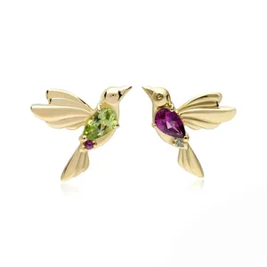 Rainbowking New 18K Gold Plated 925 Sterling Silver Flying Birds Gemstones CZ Studs Earrings Jewelry For Women And Girls