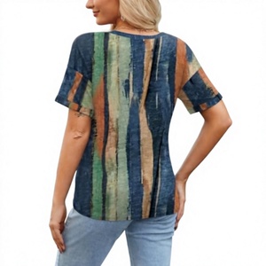 <b>Women's</b> Summer <b>Tops</b> Short Sleeve Casual Shirts Trendy V-Neck Striped Tee Fashionwear 100% Cotton 180 GSM OEM Manufactured - Product Image 6