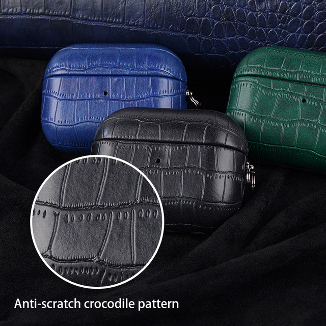 Luxury Vintage Shockproof Crocodile PU Leather Wireless Charge Earphone Cover with Keychain for Apple AirPods 1/2/3/Pro Case