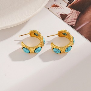 Huggie <b>Earrings</b> Gold Plated <b>Turquoise</b> Oval Geometric <b>Stud</b> For Women - Product Image 4