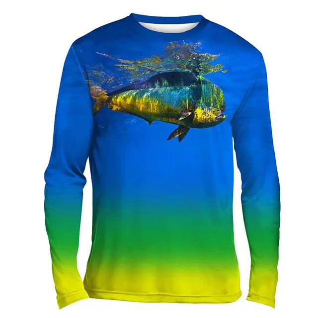 Camisa masculina de pesca com estampa personalizável, camisa azul com gradiente de proteção solar fps 50 +, camisa de manga comprida