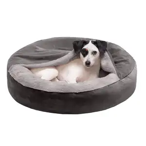 ZYZPET Pet Bed for and Cats - Plush Velvet Waves Round Deep Dish Cushion Donut Dog Bed with Attached Blanket, Dark Gray, Small