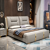 Lit plateforme moderne de luxe JUNYUHAO avec éclairage LED intégré, revêtement en cuir, mousse haute densité, cadre en pin, tailles Queen/King pour chambre à coucher